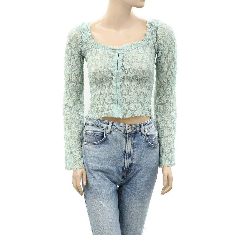 Free People FP One Madison Blouse Top Sheer Long Sleeve Fitted Smocked XS